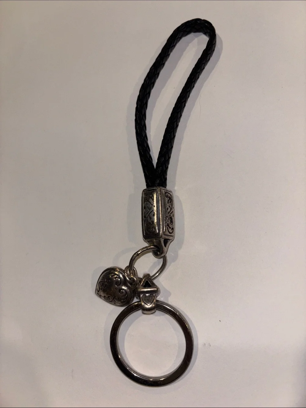 NWOT Brighton Silver Scroll Heart Black Braided Leather Keychain